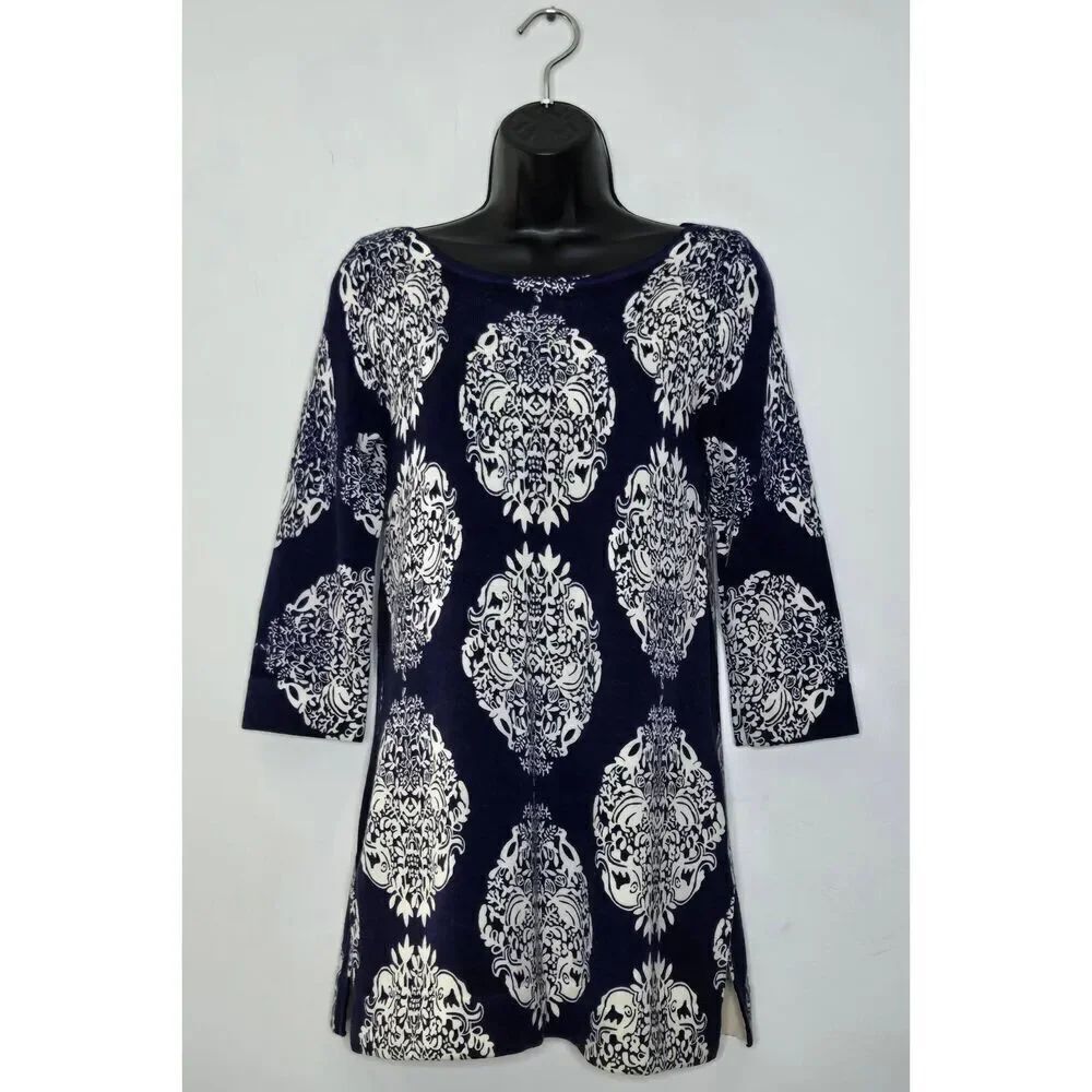 Lilly Pulitzer Merino Wool Sweater Size XS Blue White Pattern Damask Tunic